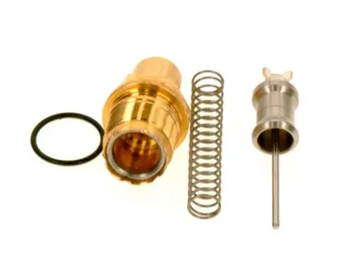BOSCH Wassermengenregler bestehend aus einem goldfarbenen Gehäuse, einer Feder, einer edelstahlfarbenen Düse und einem O-Ring. Komponenten liegen zerlegt nebeneinander.